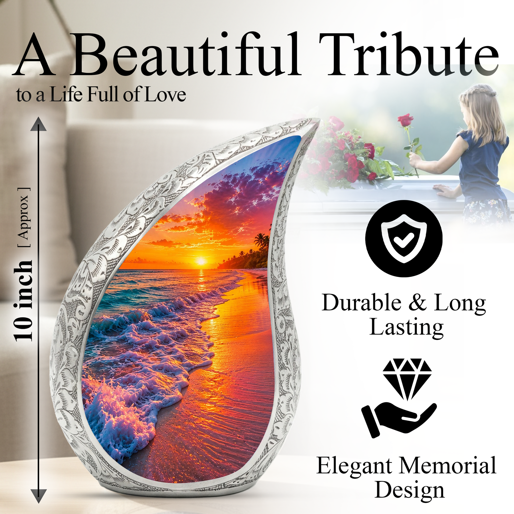 Beach Sunset Urn for Human Ashes | Ocean Sunset Beach Cremation Urn