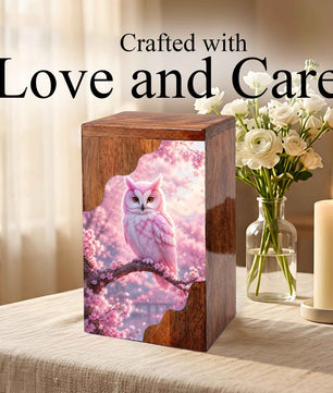 Pink Owl Wooden Cremation Urn – Cherry Blossom Memorial Urn