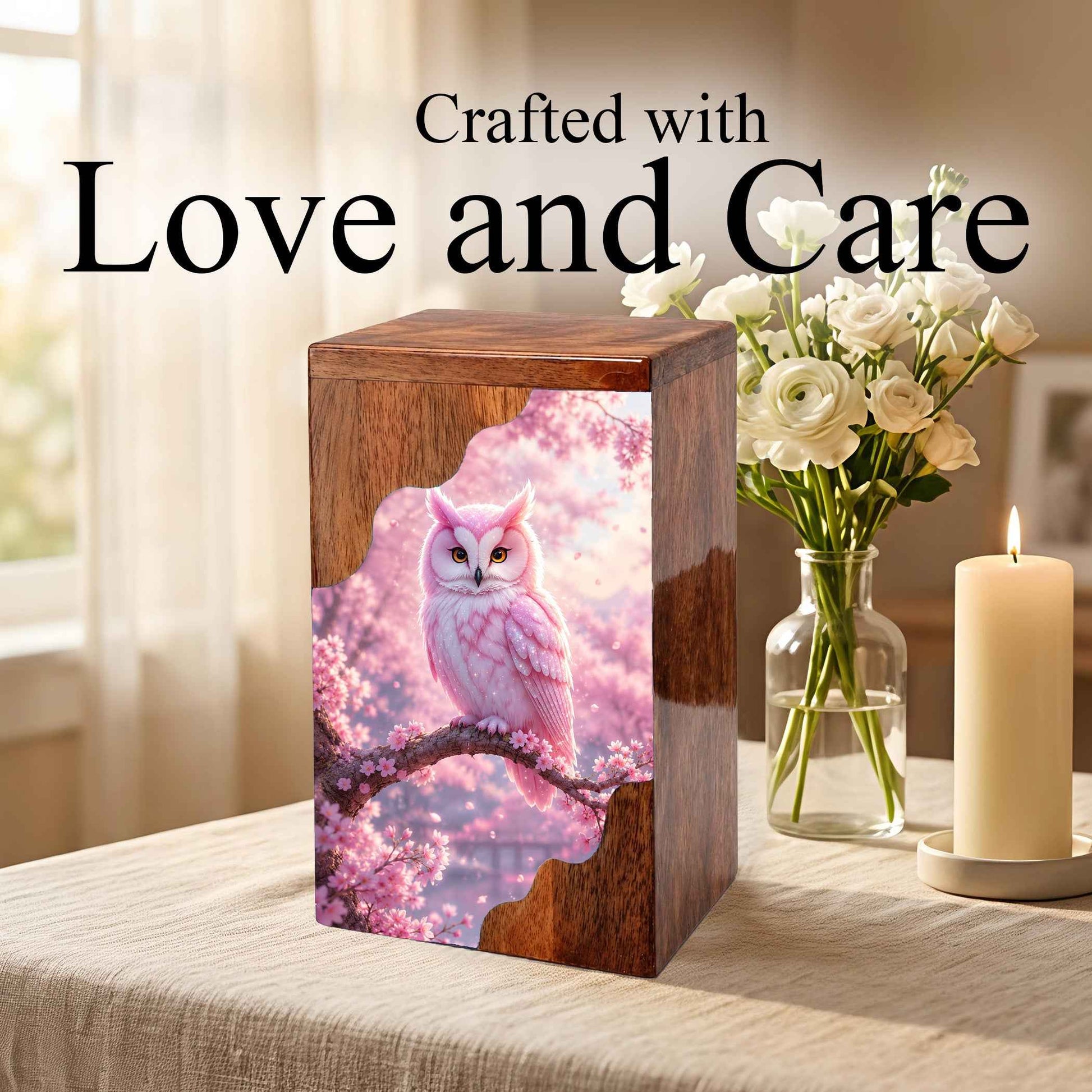 Pink Owl Wooden Cremation Urn – Cherry Blossom Memorial Urn