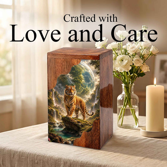 Personalised Urns for Dad, Wooden Cremation Urn for Human Ashes, Tiger Memorial Urn