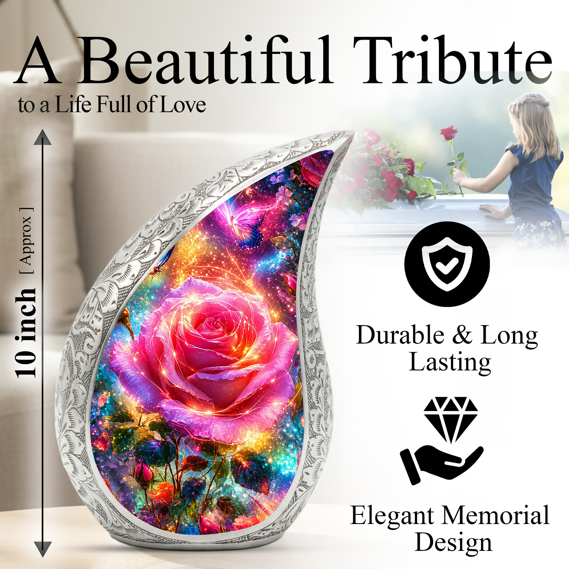 Pink Rose Urn for Mom & Women | Beautiful Floral Cremation Urn for Female Ashes | Mother, Sister & Daughter Memorial