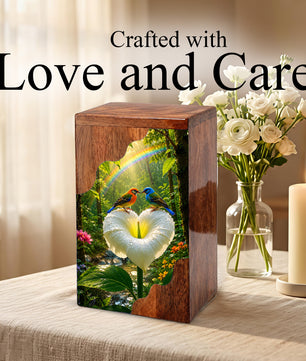 Rainbow Birds Wooden Cremation Urn – Personalized Memorial Urn for Human Ashes