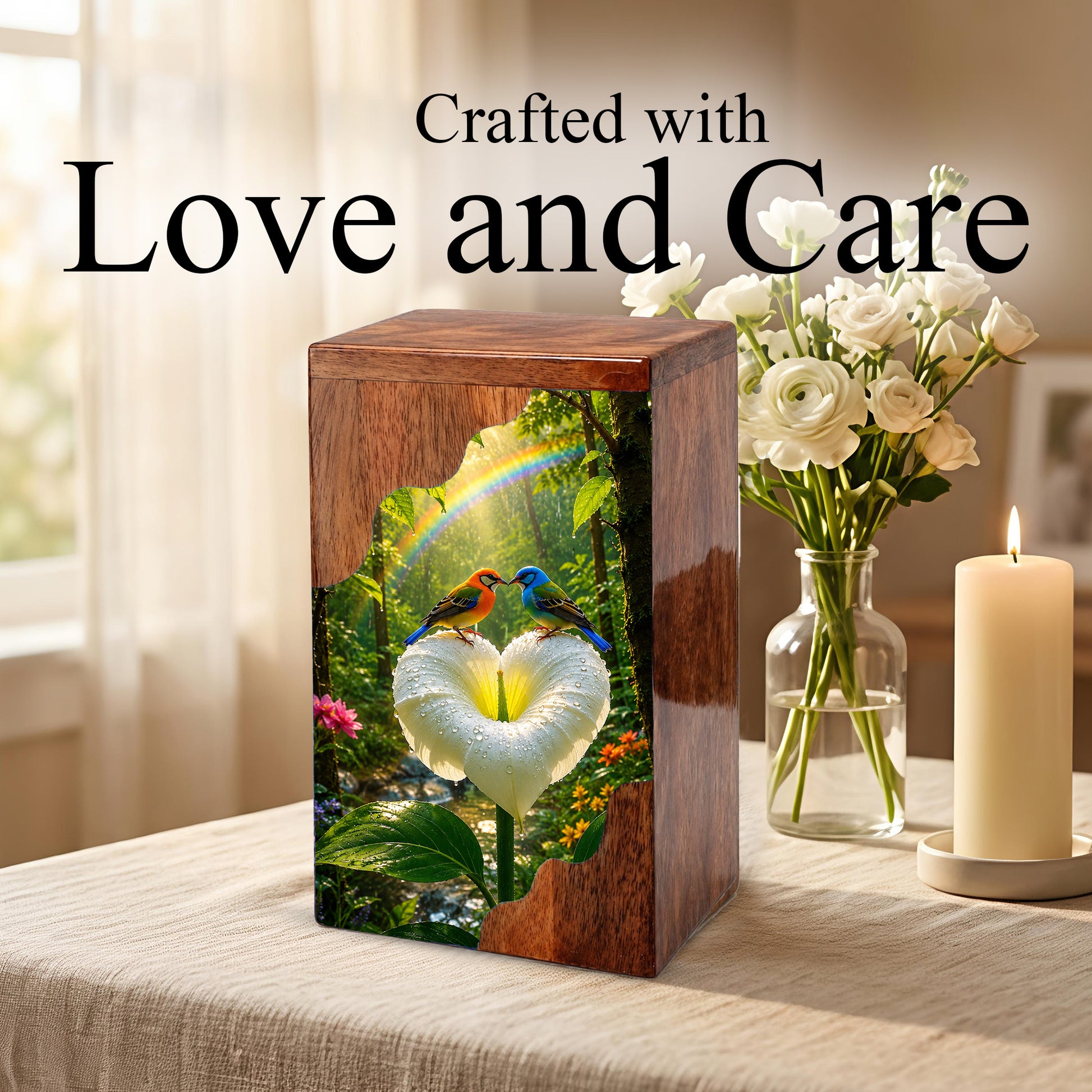 Rainbow Birds Wooden Cremation Urn – Personalized Memorial Urn for Human Ashes