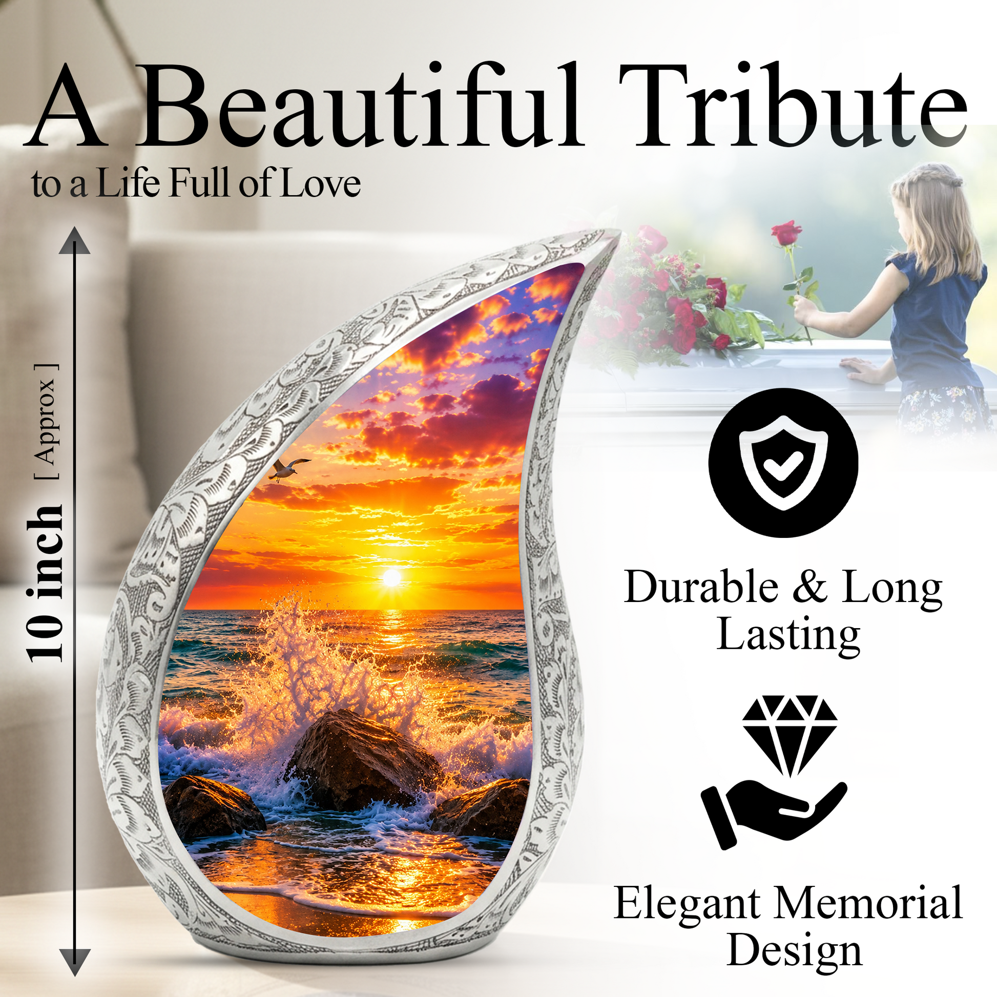 Ocean Sunset Memorial Urn for Mom & Dad – Personalized Cremation Urn for Human Ashes | Beach Funeral Urn for Women & Men