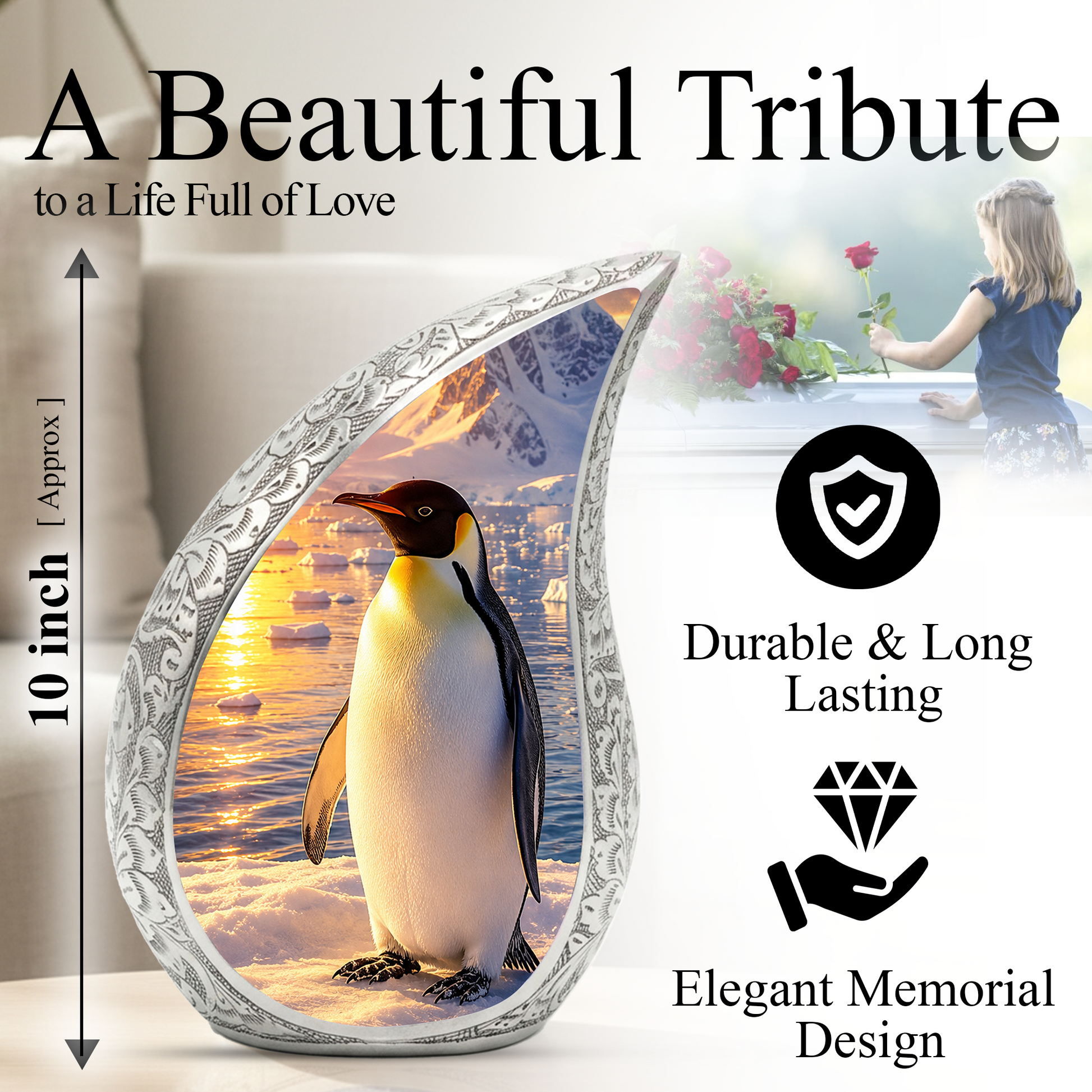 Penguin Memorial Urn for Mom, Dad & Family – Handmade Cremation Urn for Human Ashes