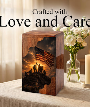 Patriotic Wooden Cremation Urn | Veteran Memorial Urn for Dad | Military Urn with American Flag