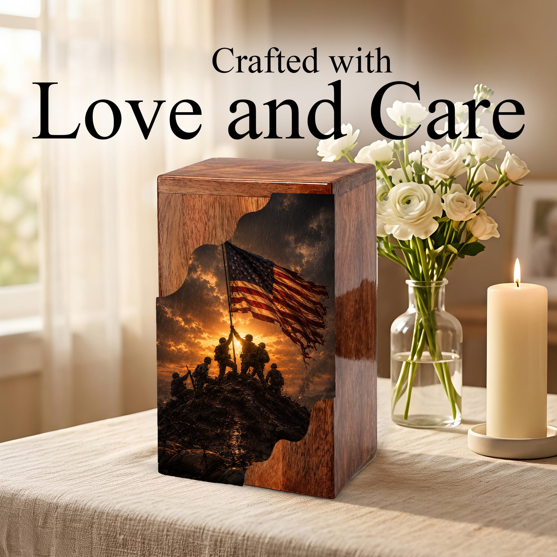 Patriotic Wooden Cremation Urn | Veteran Memorial Urn for Dad | Military Urn with American Flag