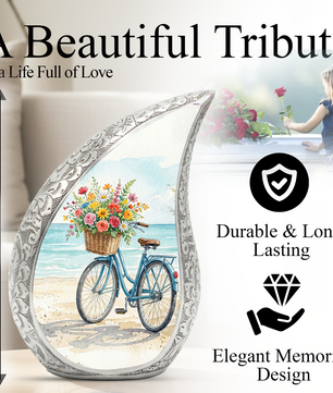 Coastal Bicycle Personalized Cremation Urn – Teardrop Style Aluminum Memorial Urn, 10 Inch
