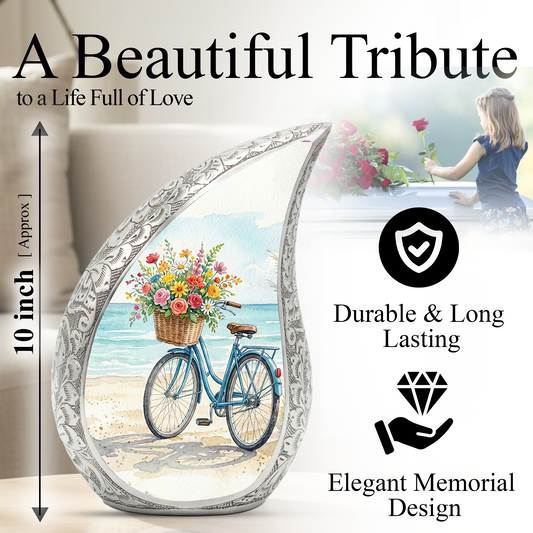 Coastal Bicycle Personalized Cremation Urn – Teardrop Style Aluminum Memorial Urn, 10 Inch