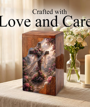 Floral Cross Wooden Cremation Urn – Christian Memorial Urn | Wooden Urn for Human Ashes