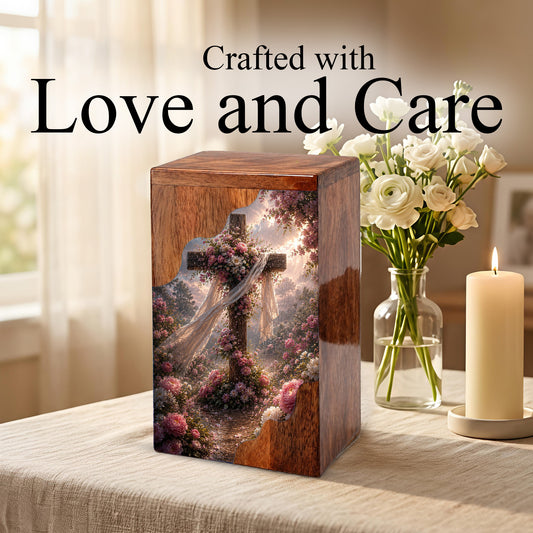 Floral Cross Wooden Cremation Urn – Christian Memorial Urn | Wooden Urn for Human Ashes
