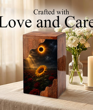 Sunflower Wooden Cremation Urn for Mom | Eclipse Memorial Urn for Human Ashes