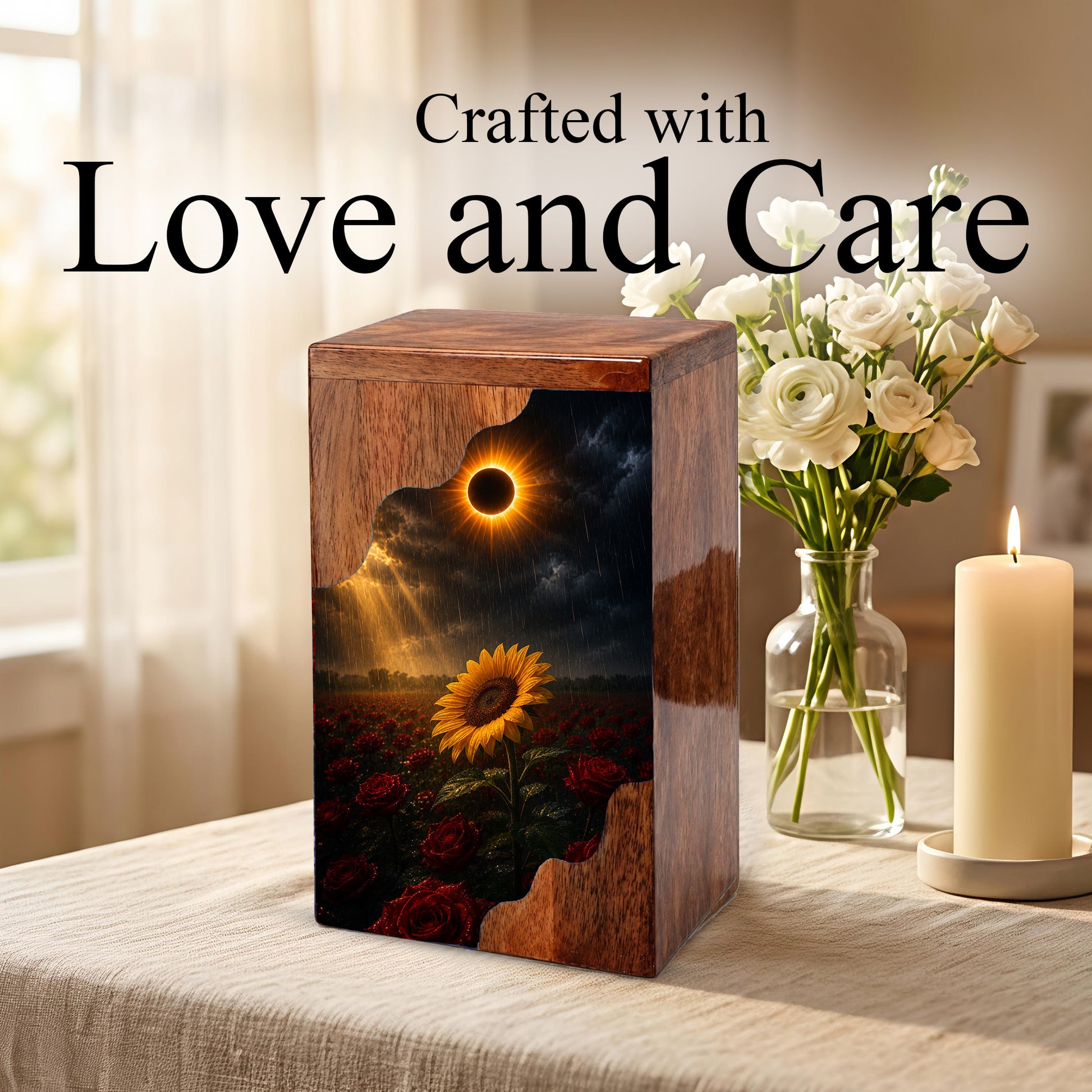 Sunflower Wooden Cremation Urn for Mom | Eclipse Memorial Urn for Human Ashes