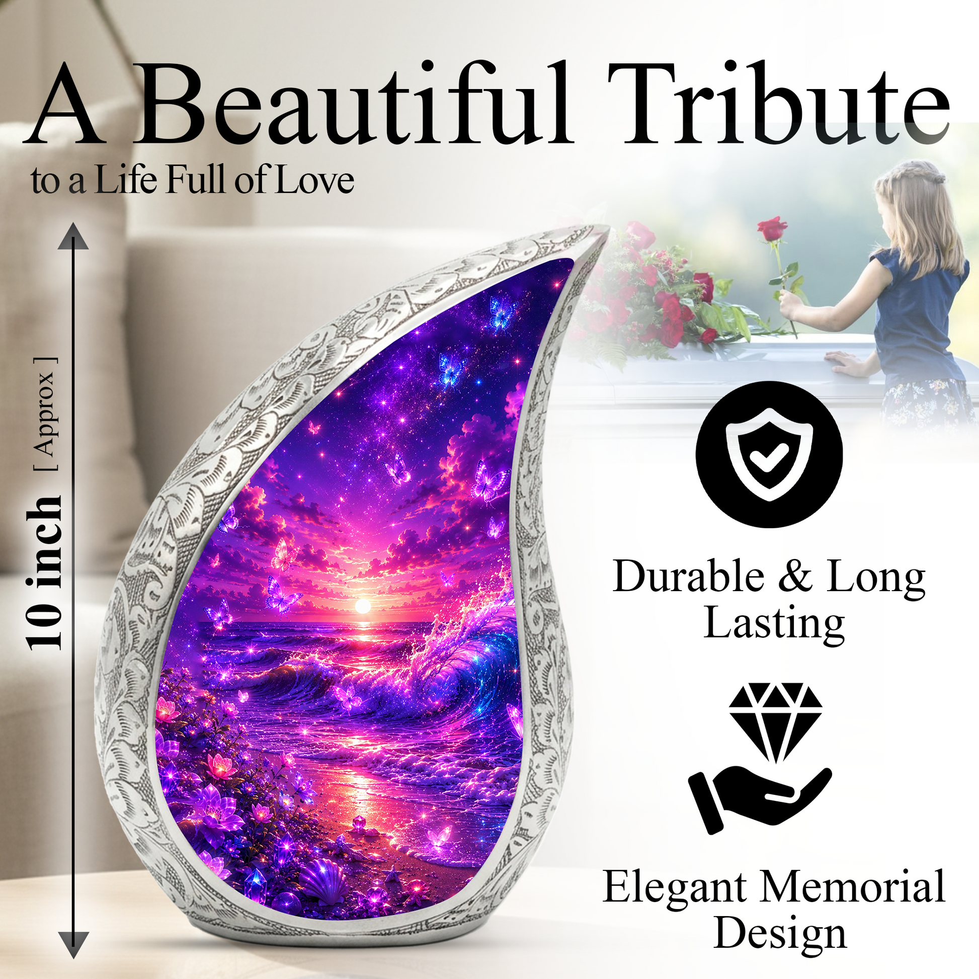 Neon Ocean Butterfly Beach Cremation Urn for Adult Ashes – Beautiful Beach-Themed Urn for Human Ashes