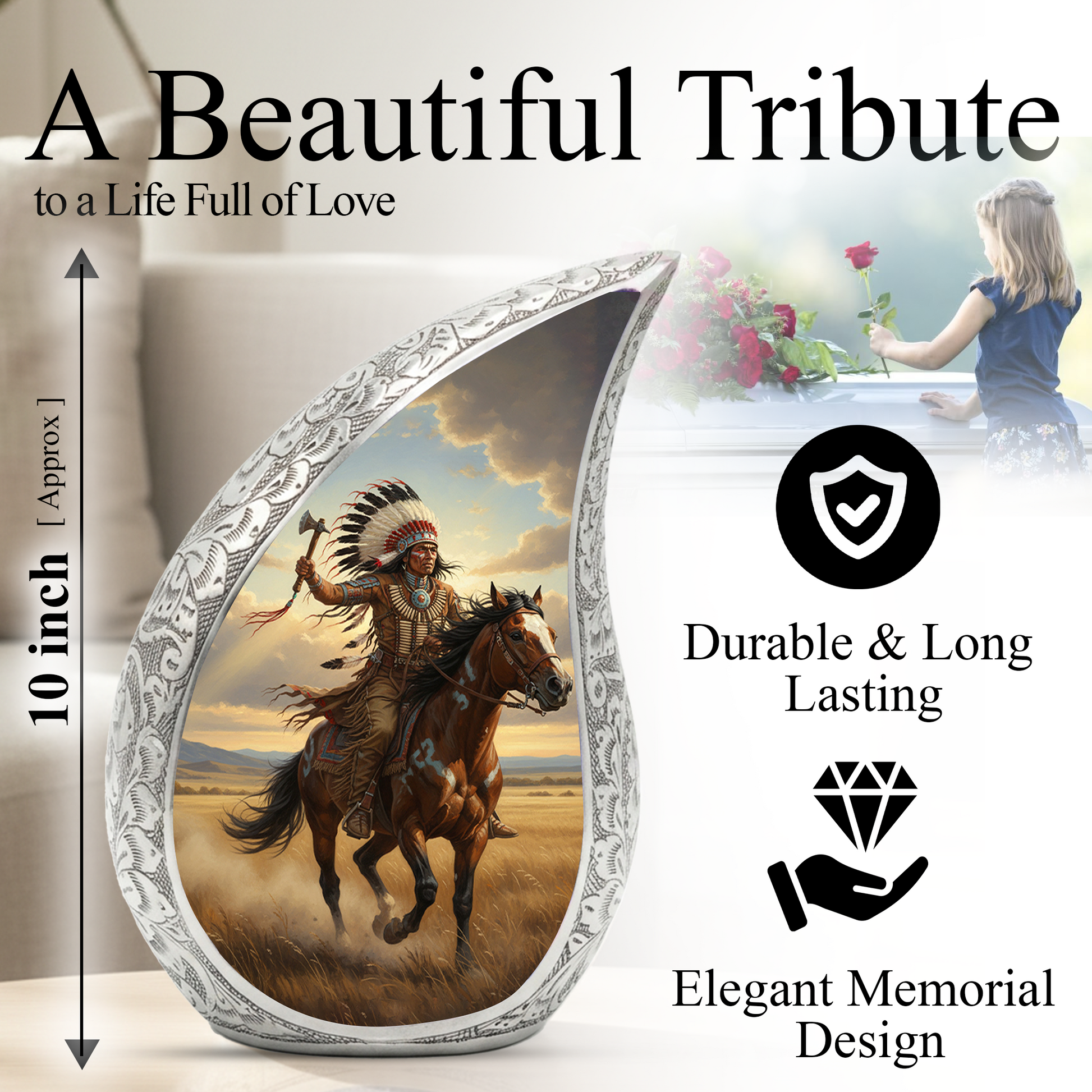 Native American Personalized Cremation Urn for Dad – Western Teardrop Memorial Urn, 10 Inch