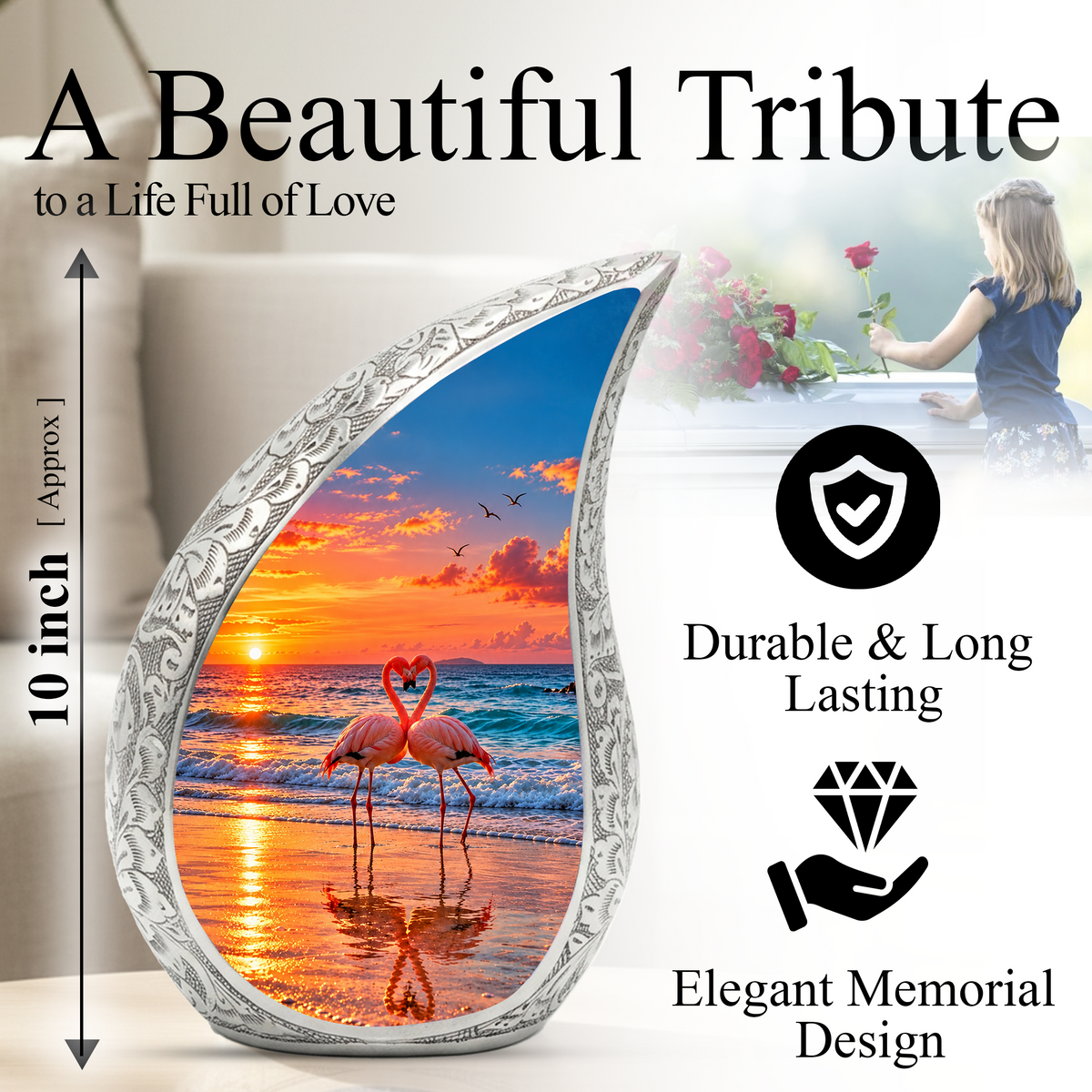 Flamingo Cremation Urn for Ashes, Beach Sunset Memorial Urn, Adult Aluminum Urn