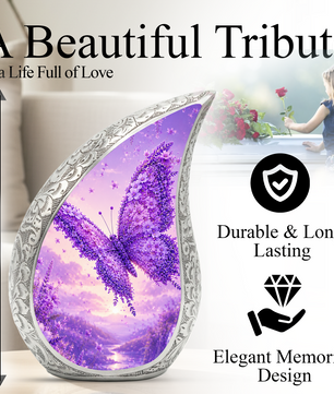 Butterfly Urn for Human Ashes | Purple Floral Adult Cremation Urn | Beautiful Butterfly Memorial Urn for Ashes