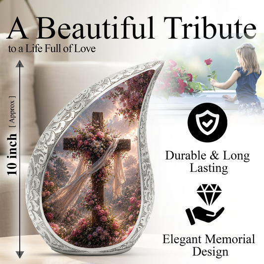 Christian Cross Adult Urn for Ashes | Floral Cross Adult Cremation Urn for Human Ashes