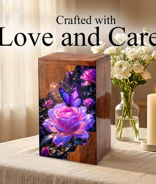 Purple Butterfly Rose Wooden Cremation Urn – Wooden Urn for Human Ashes