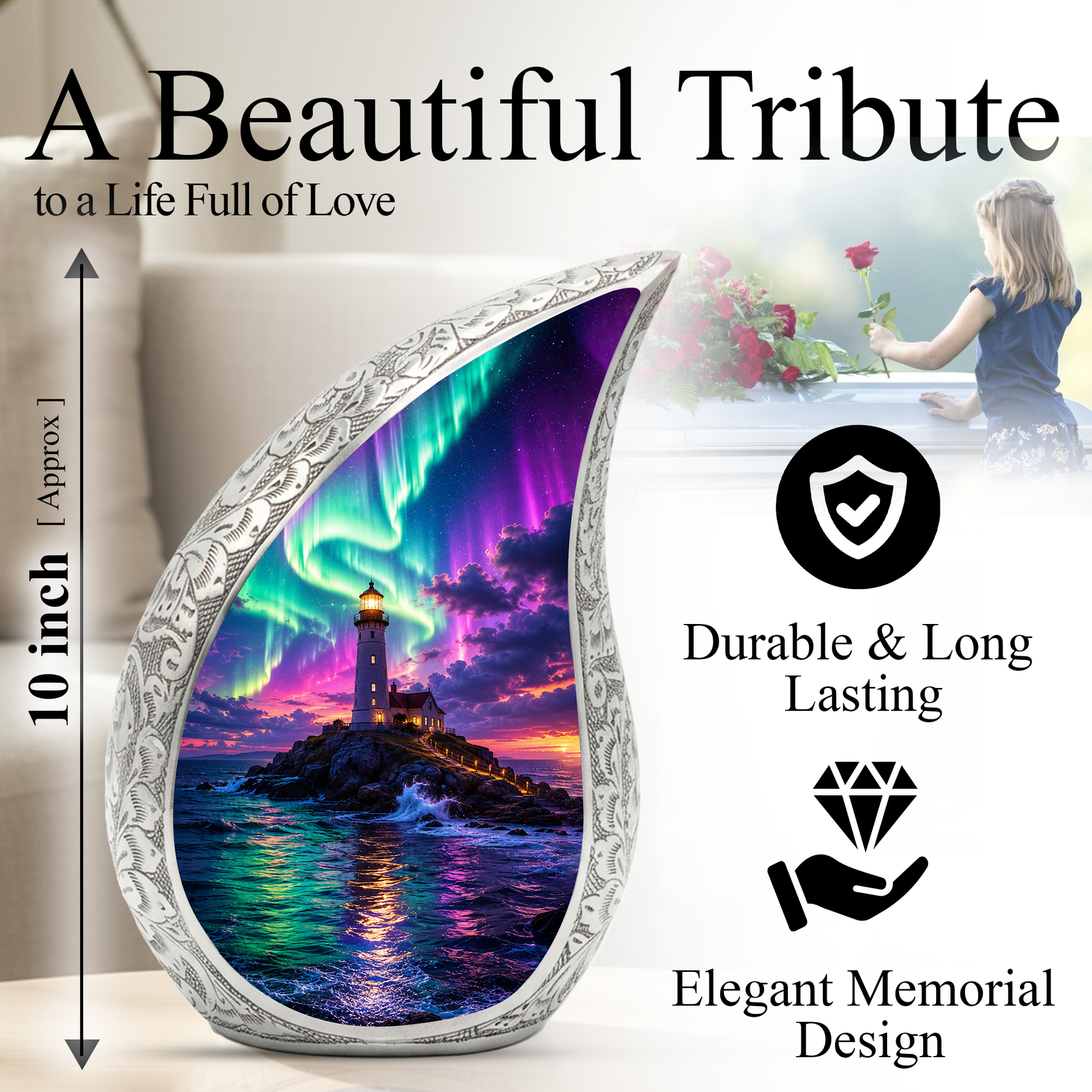 Ocean Lighthouse Cremation Urn for Human Ashes | Aurora Beach & Coastal Memorial Urn | Beautiful Ocean Urn for Mom, Dad, Women & Men