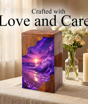 Violet Ocean Wooden Cremation Urn – Beach Theme Wooden Urn for Human Ashes