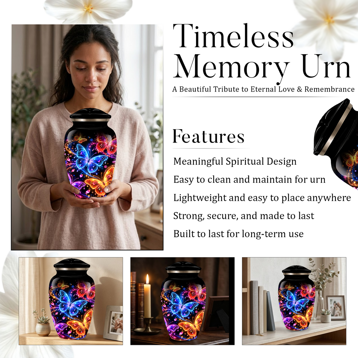 Personalized Butterfly Adult Cremation Urn for Ashes, Colorful Butterfly Memorial Urn, Black Cremation Urn