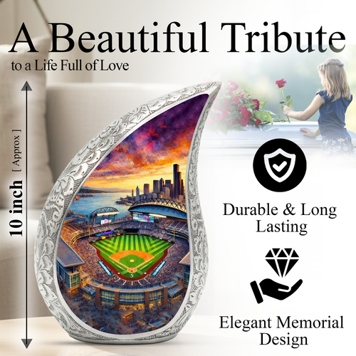 Baseball Stadium Personalized Cremation Urn – Teardrop Style Aluminum Memorial Urn, 10 Inch