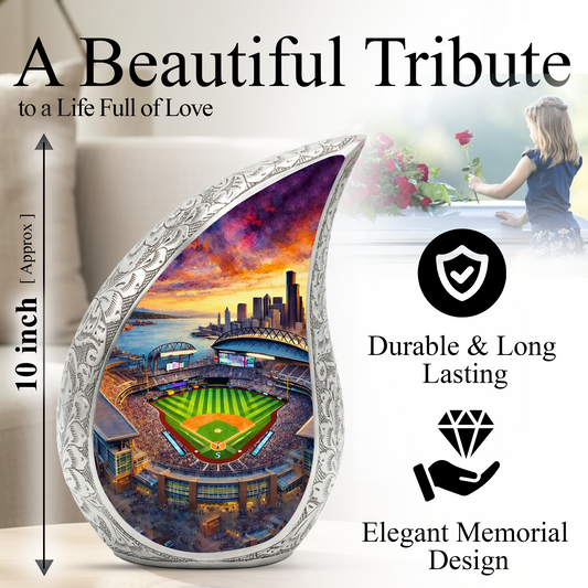 Baseball Stadium Personalized Cremation Urn – Teardrop Style Aluminum Memorial Urn, 10 Inch