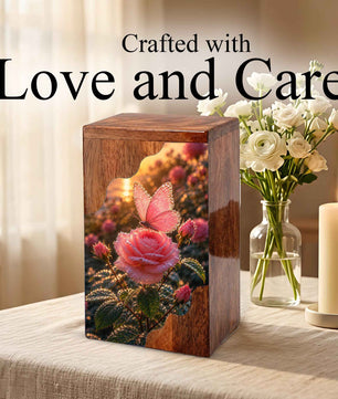 Pink Rose & Butterfly Wooden Cremation Urn – Personalized Memorial Urn for Human Ashes