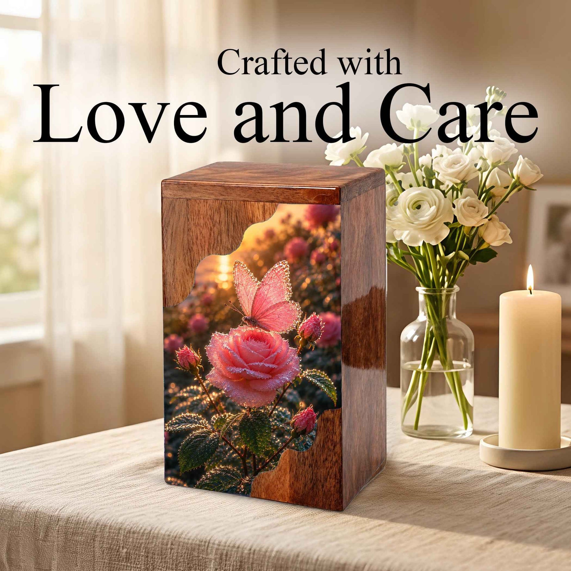 Pink Rose & Butterfly Wooden Cremation Urn – Personalized Memorial Urn for Human Ashes