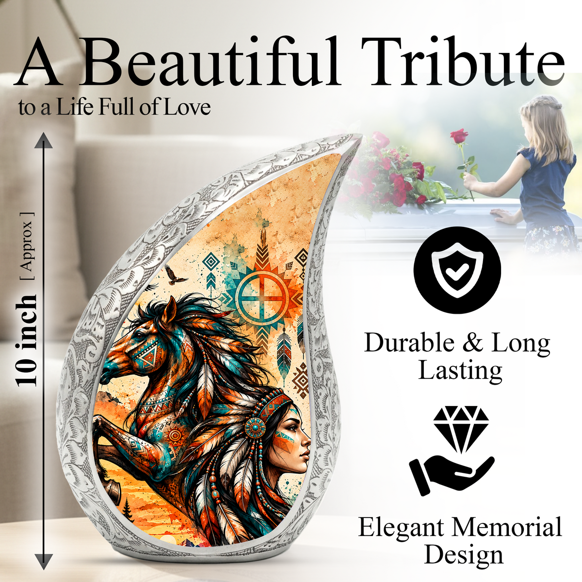 Native American Horse Urn for Ashes, Tribal Horse Cremation Urn