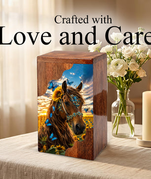 Horse Wooden Cremation Urn – Butterfly & Sunflower Memorial Urn for Ashes