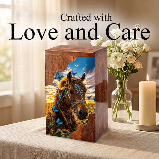 Horse Wooden Cremation Urn – Butterfly & Sunflower Memorial Urn for Ashes