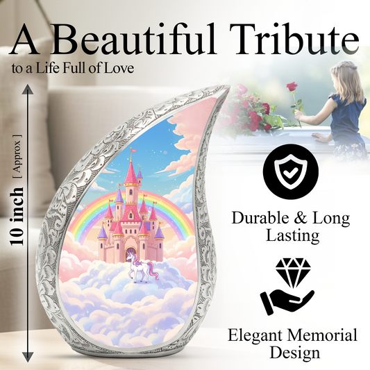 Rainbow Castle Unicorn Memorial Urn | Child Keepsake Urn | Baby Memorial Urn for Ashes