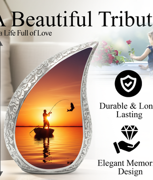 Fishing Personalized Cremation Urn for Dad – Teardrop Style Aluminum Memorial Urn, 10 Inch
