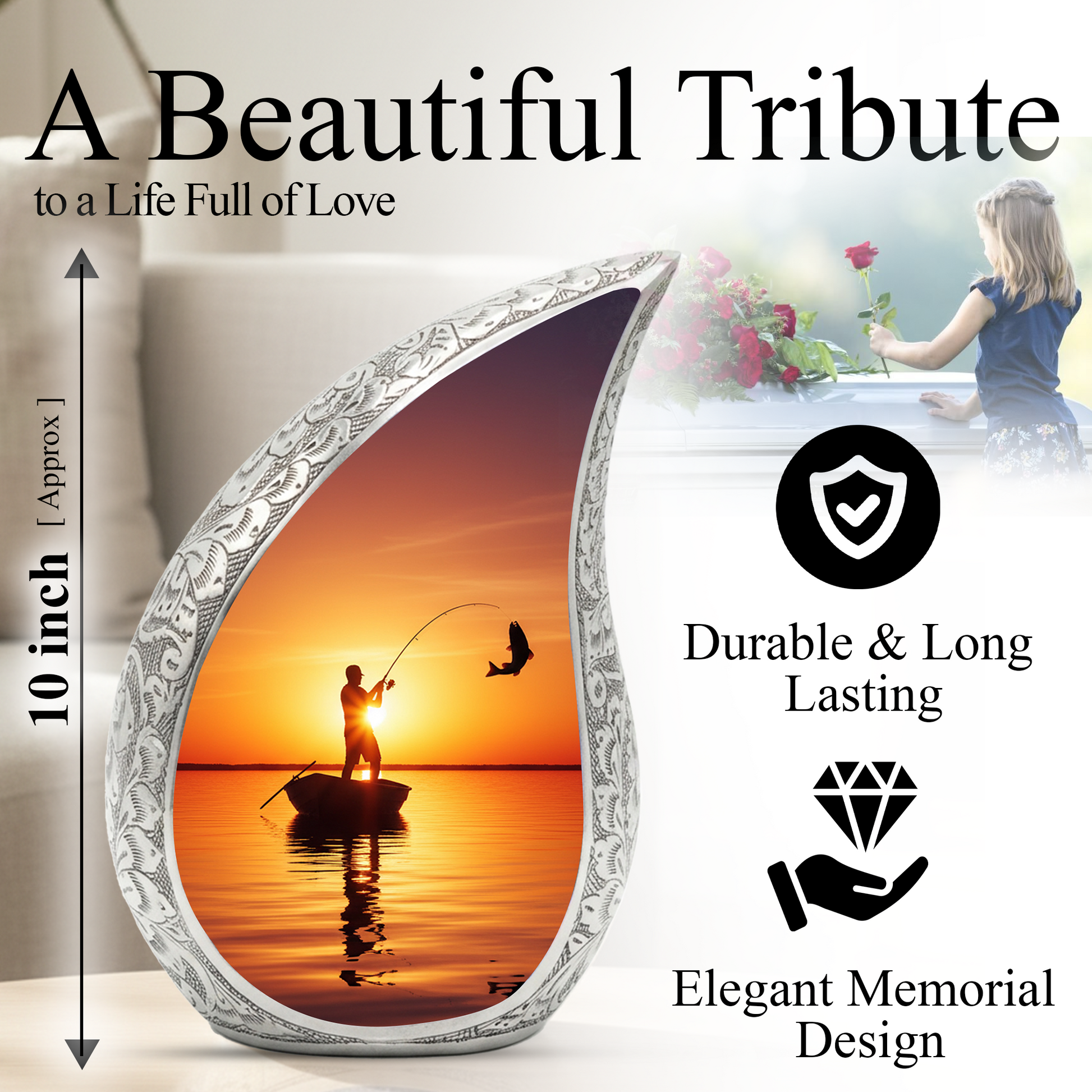 Fishing Personalized Cremation Urn for Dad – Teardrop Style Aluminum Memorial Urn, 10 Inch
