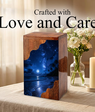 Moonlit Beach Wooden Cremation Urn – Ocean Memorial Urn for Human Ashes | Personalized Coastal Wooden Urn