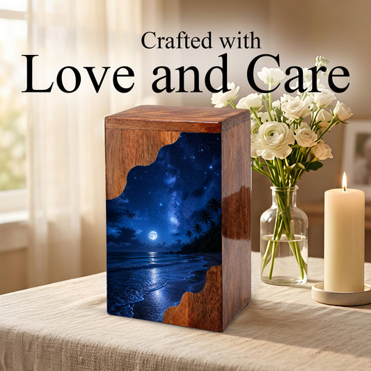 Moonlit Beach Wooden Cremation Urn – Ocean Memorial Urn for Human Ashes | Personalized Coastal Wooden Urn