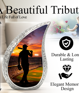 Baseball Personalized Cremation Urn – Teardrop Style Aluminum Memorial Urn, 10 Inch