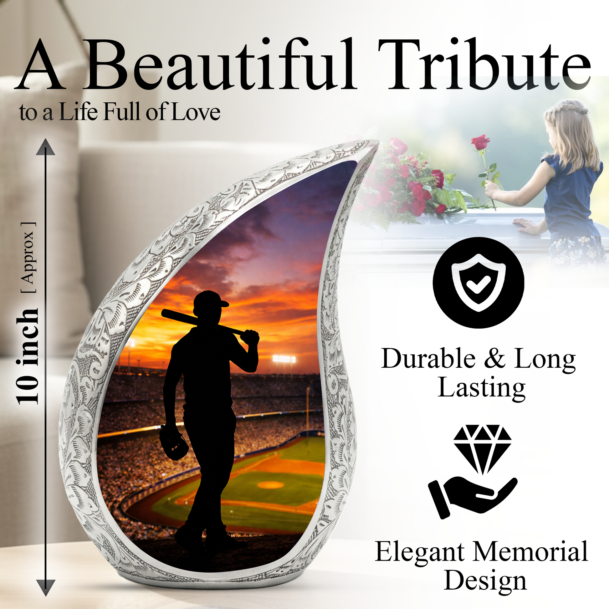 Baseball Personalized Cremation Urn – Teardrop Style Aluminum Memorial Urn, 10 Inch