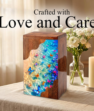 Butterfly Beach Wooden Cremation Urn – Ocean Memorial Urn for Mom