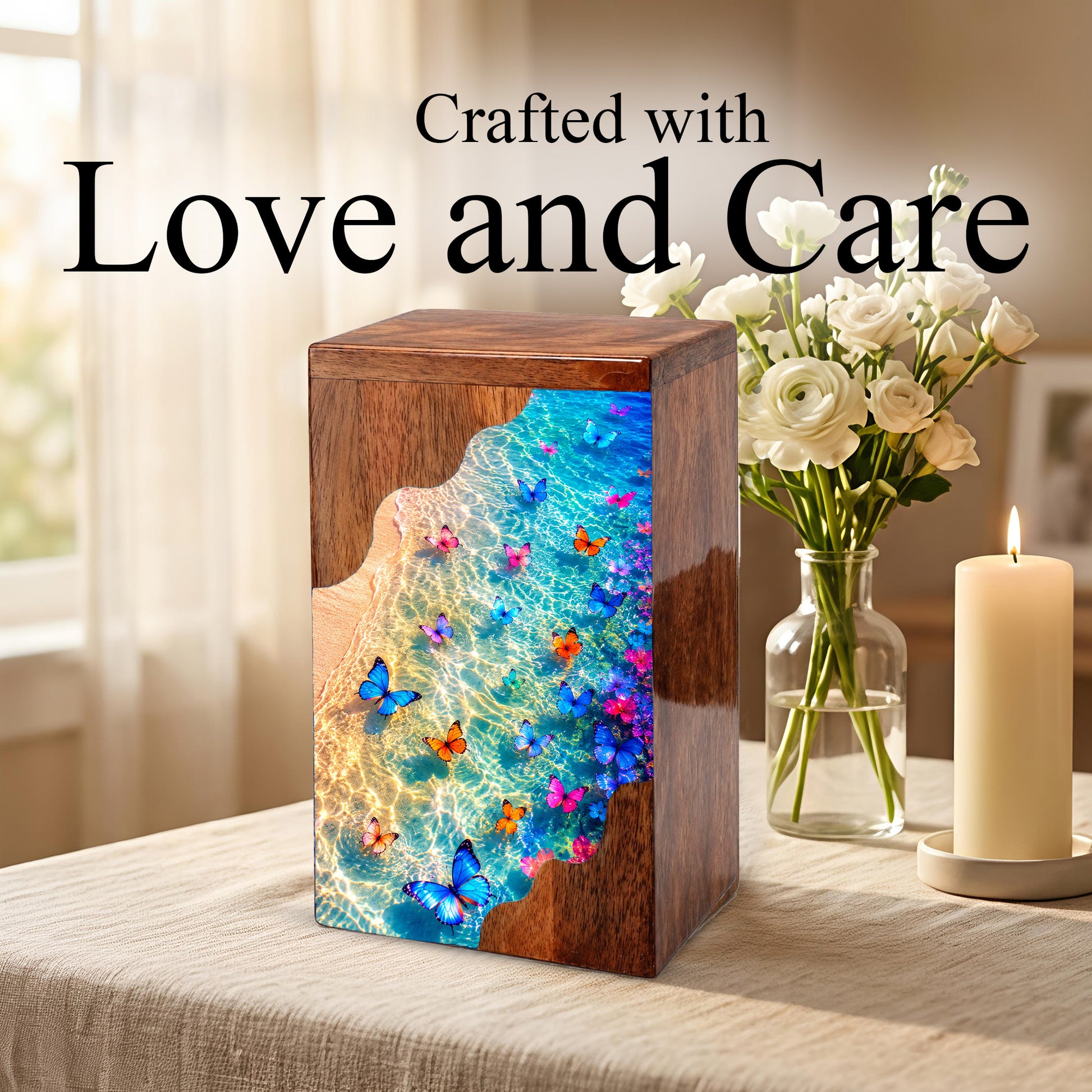 Butterfly Beach Wooden Cremation Urn – Ocean Memorial Urn for Mom