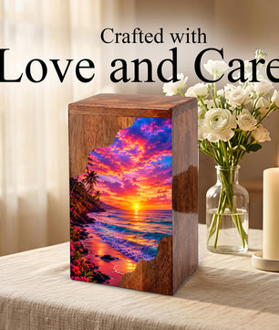 Sunset Beach Wooden Cremation Urn – Ocean Sunset Memorial Urn for Human Ashes