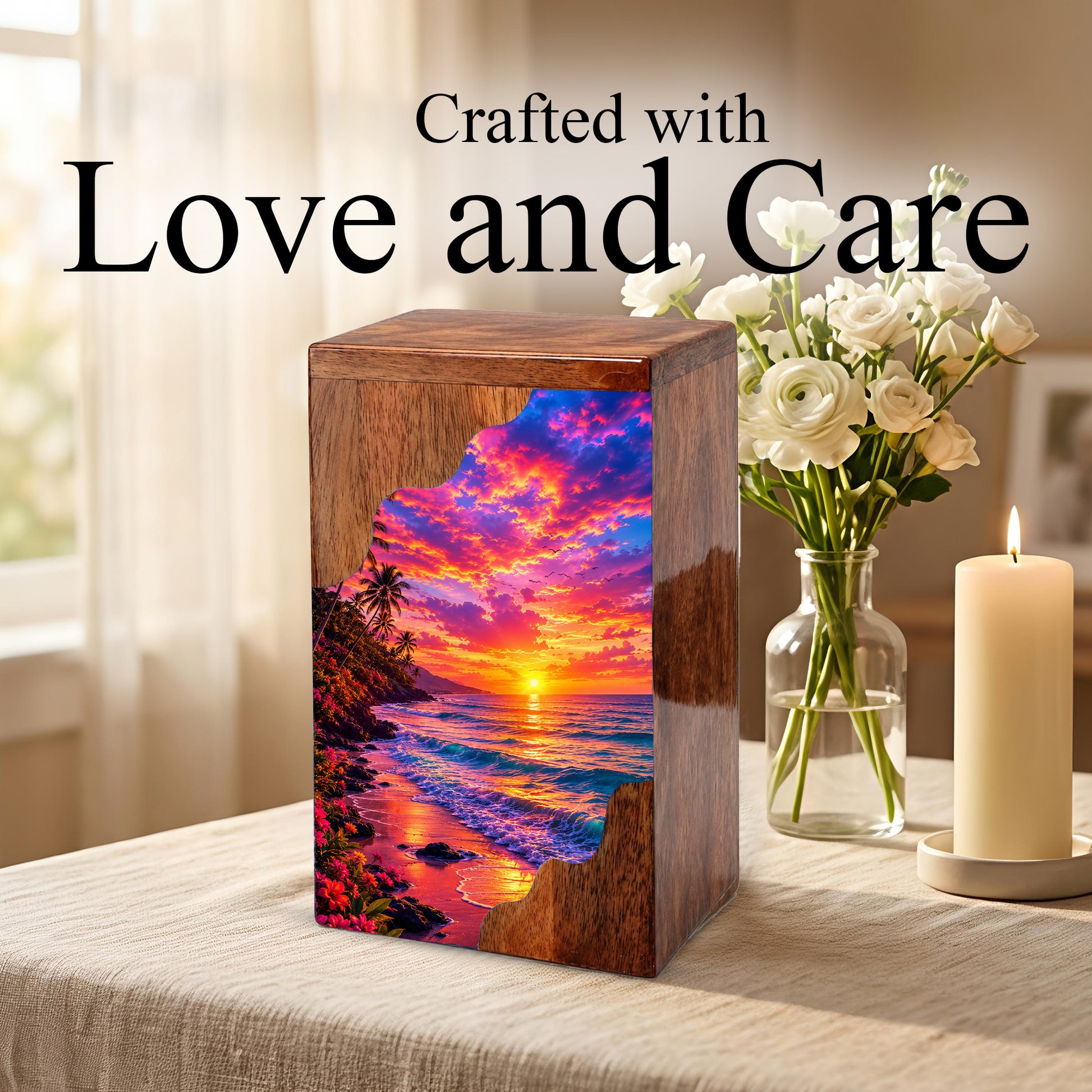 Sunset Beach Wooden Cremation Urn – Ocean Sunset Memorial Urn for Human Ashes