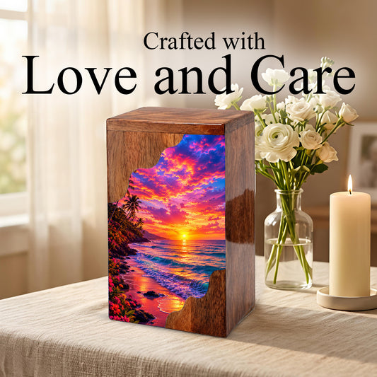 Sunset Beach Wooden Cremation Urn – Ocean Sunset Memorial Urn for Human Ashes