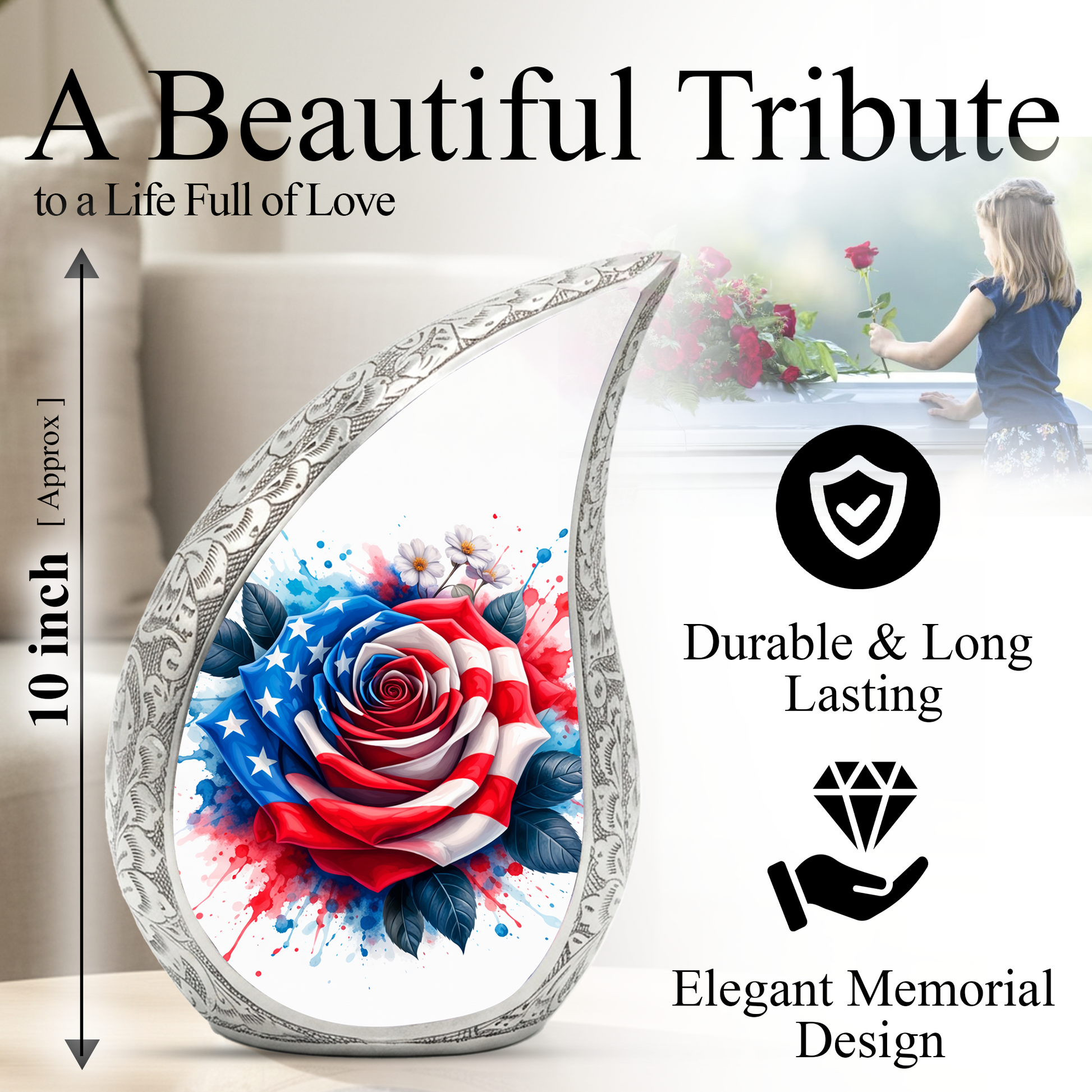 American Flag Rose Adult Cremation Urn,Personalized Memorial Urn for Mom or Dad