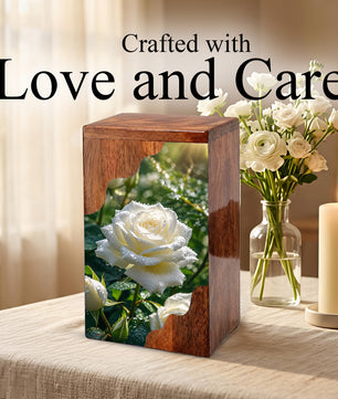 White Rose Wooden Cremation Urn – Wooden Urn for Human Ashes