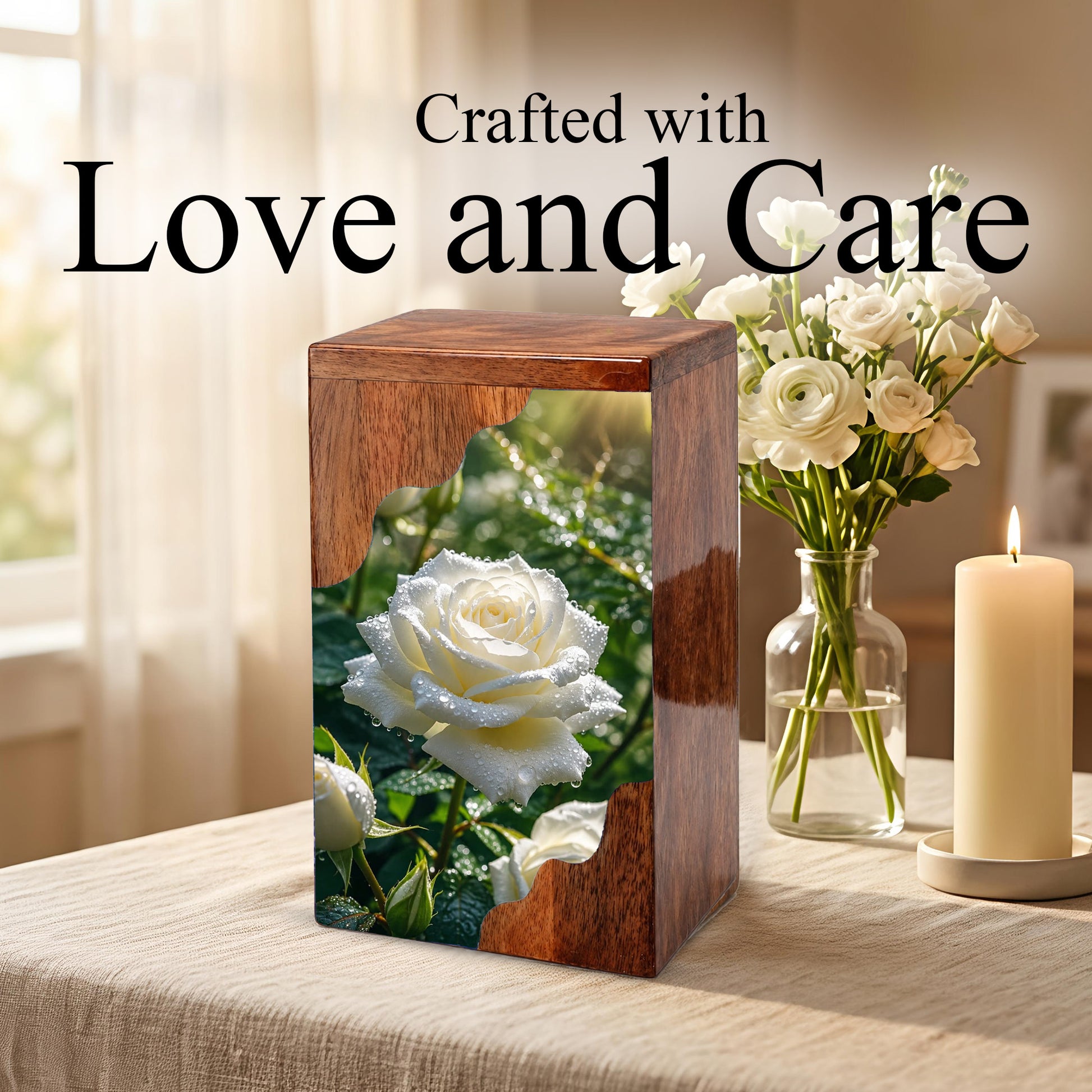 White Rose Wooden Cremation Urn – Wooden Urn for Human Ashes