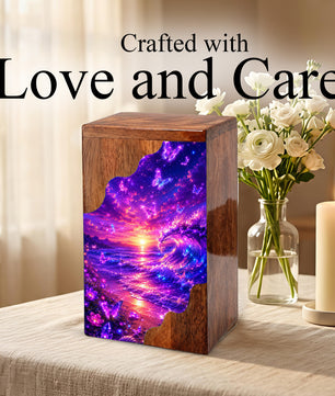 Butterfly Ocean Wooden Cremation Urn – Beach Theme Wooden Urn for Human Ashes