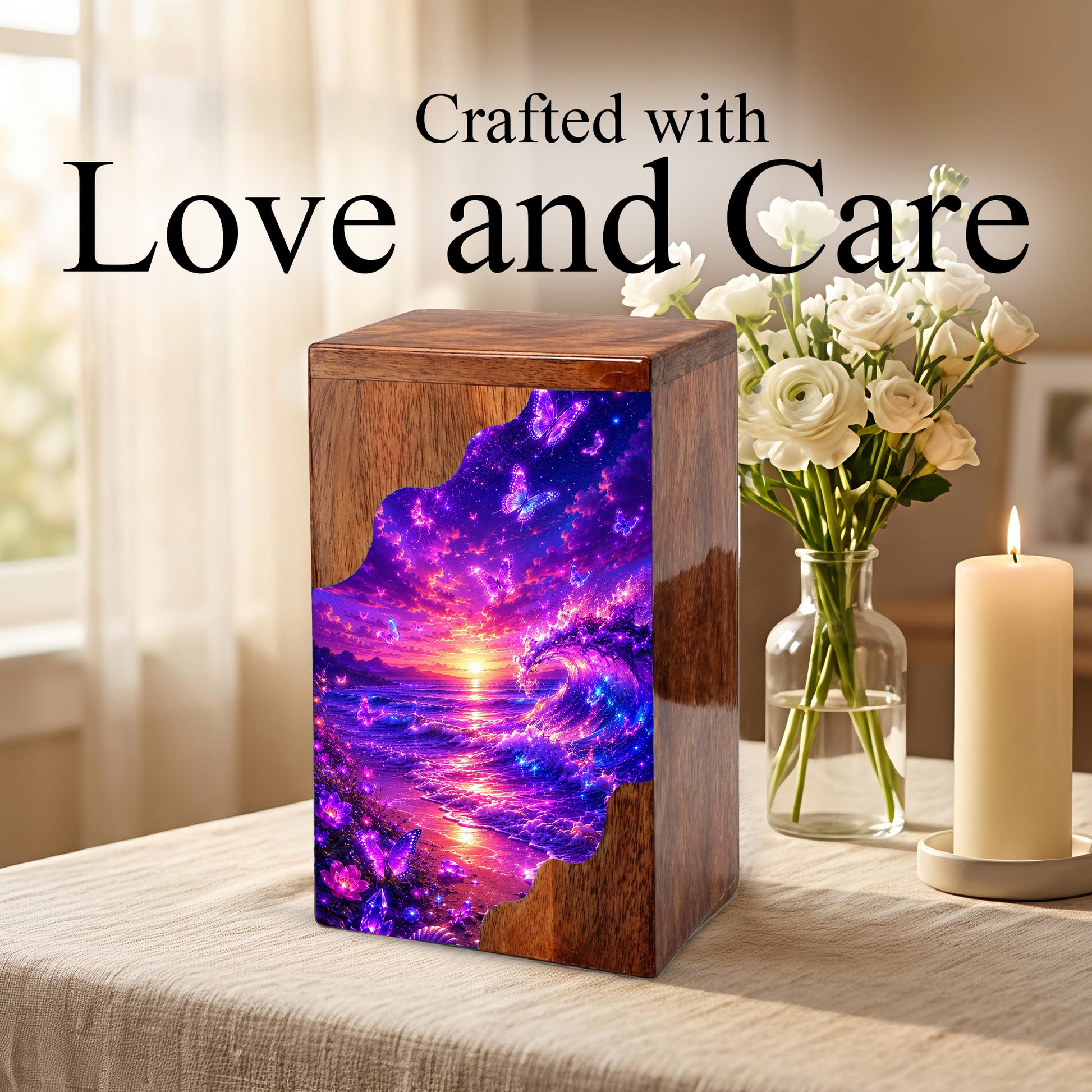 Butterfly Ocean Wooden Cremation Urn – Beach Theme Wooden Urn for Human Ashes